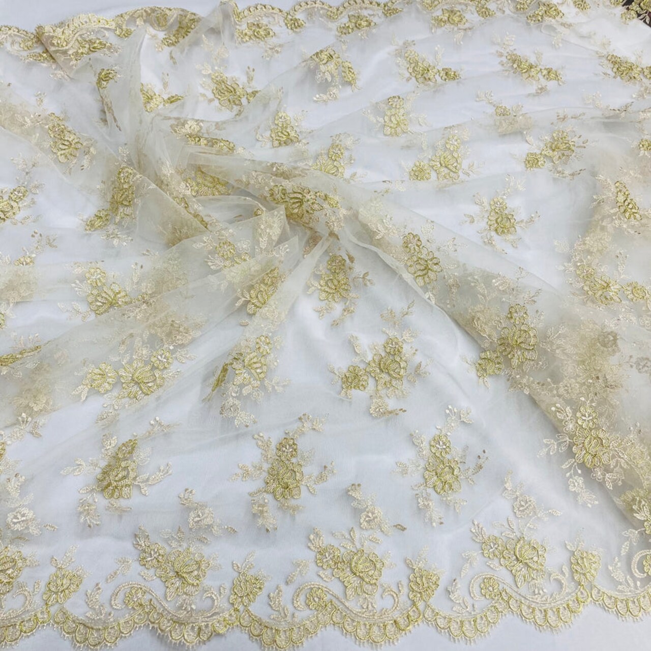 1 Yard Corded Bridal Lace Fabric Embroidered on 100% Polyester Net Mesh - Ivory with Silver - 56"